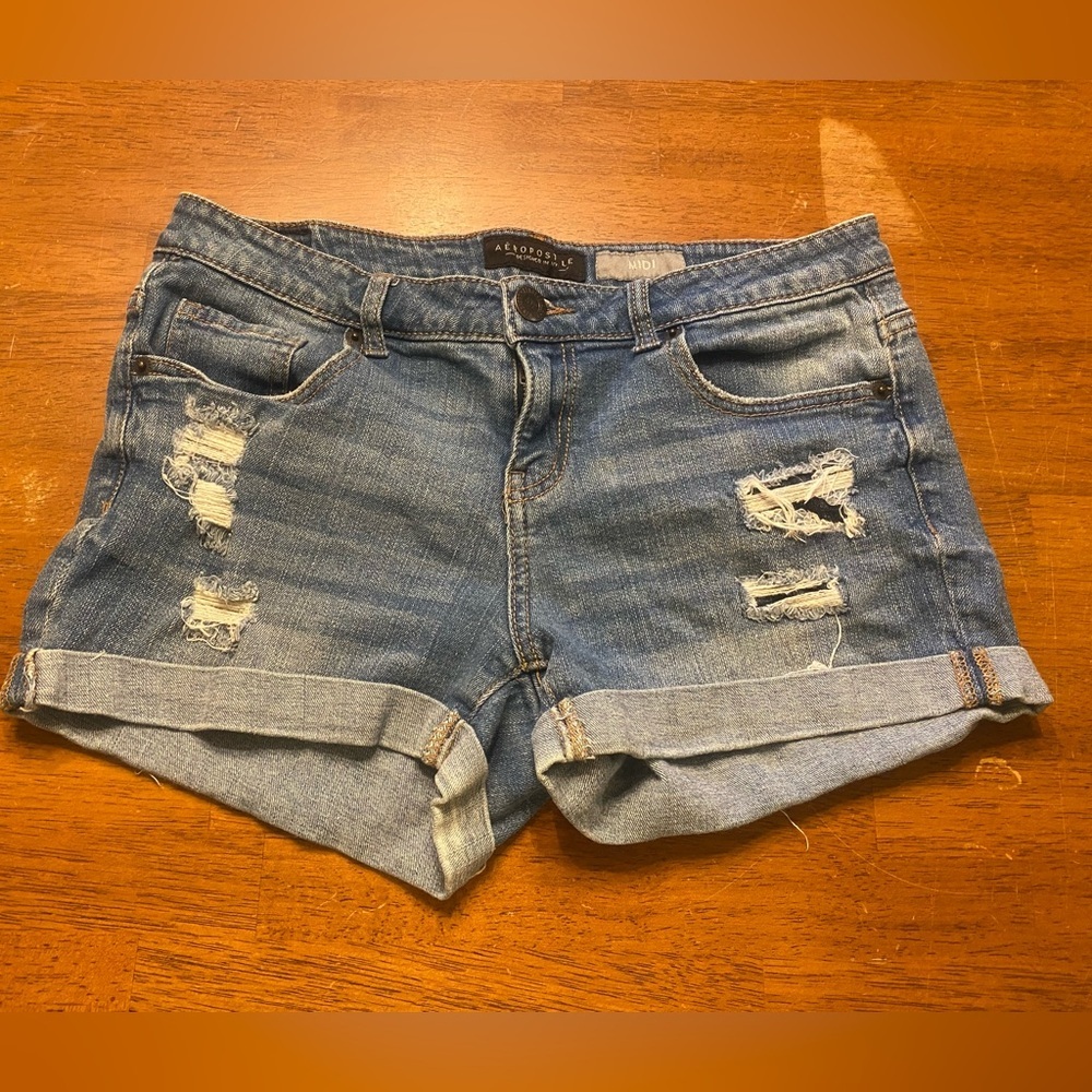 Aeropostale Midi Distressed Rolled Cuff Denim Shorts